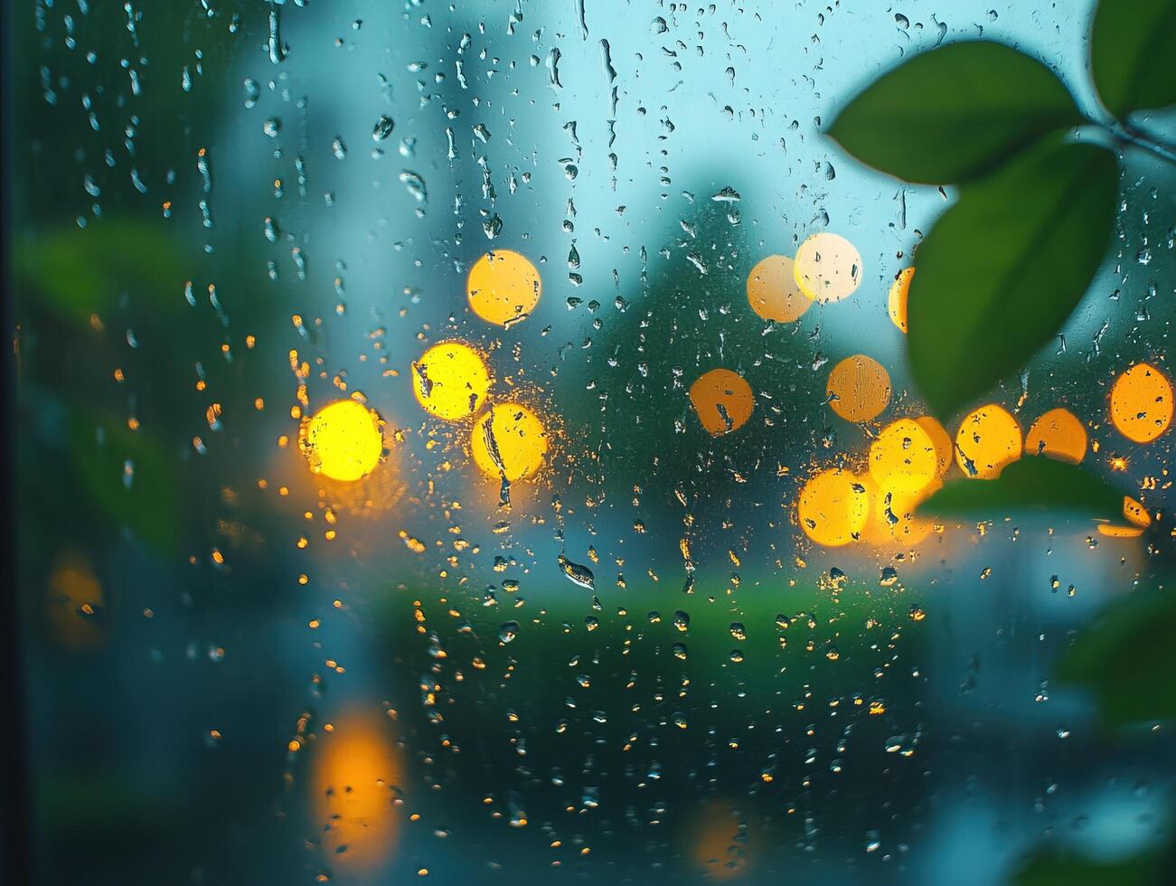 Raindrops on window with blurred city lights at dusk photo