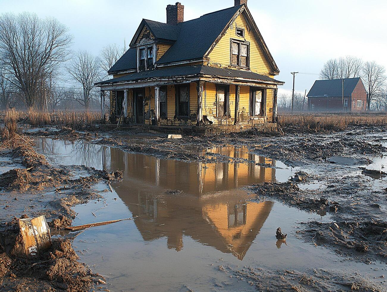 Abandoned house in flooded field reflecting in muddy water photo