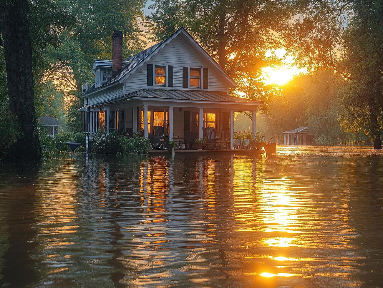 Flooded house at sunrise, reflecting in water, trees in background photo