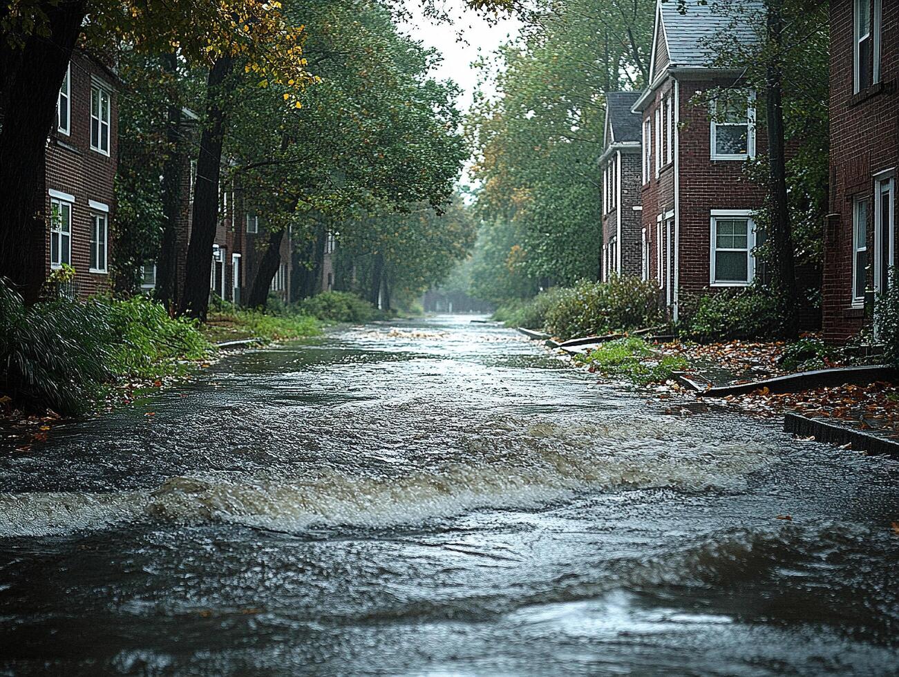Flooded residential street with surging water, houses, trees, and overcast sky photo