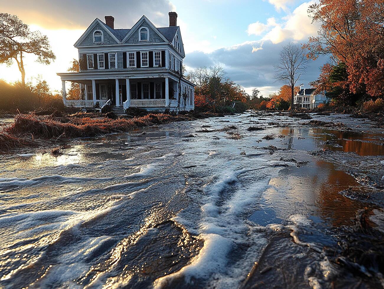 Flooded street with house at sunset, autumn trees in background photo