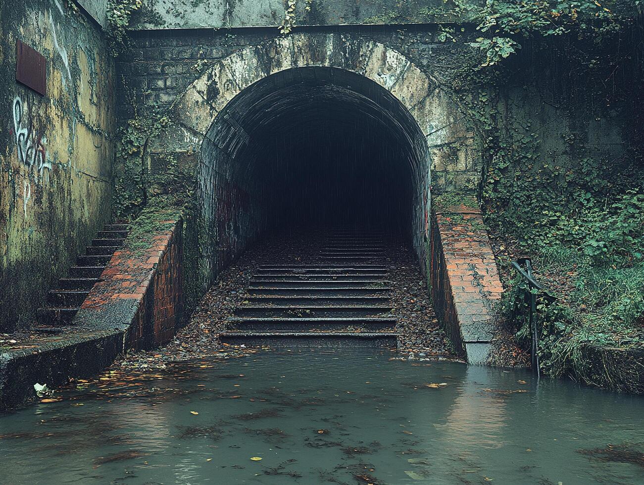 Flooded stairs leading to dark tunnel entrance under bridge in overgrown area photo