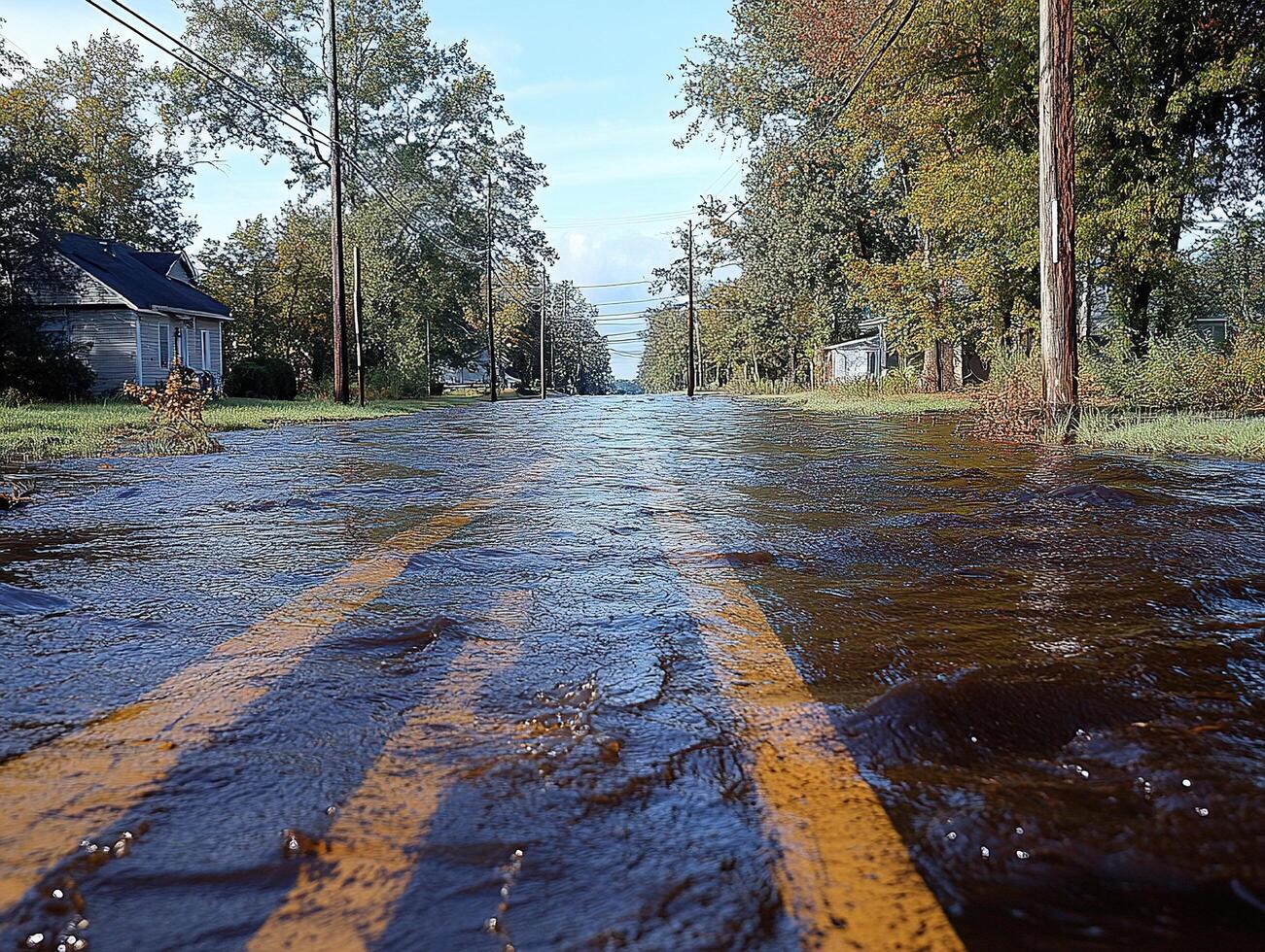 Flooded suburban street with houses, trees, and utility poles in background photo