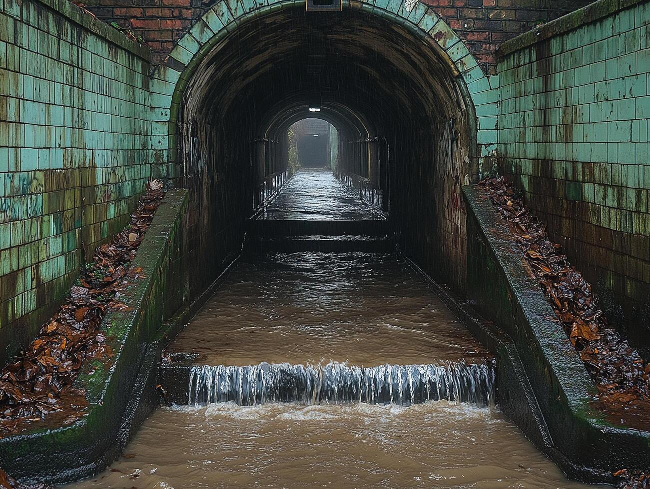 Flooded urban pedestrian tunnel under bridge with distant light photo