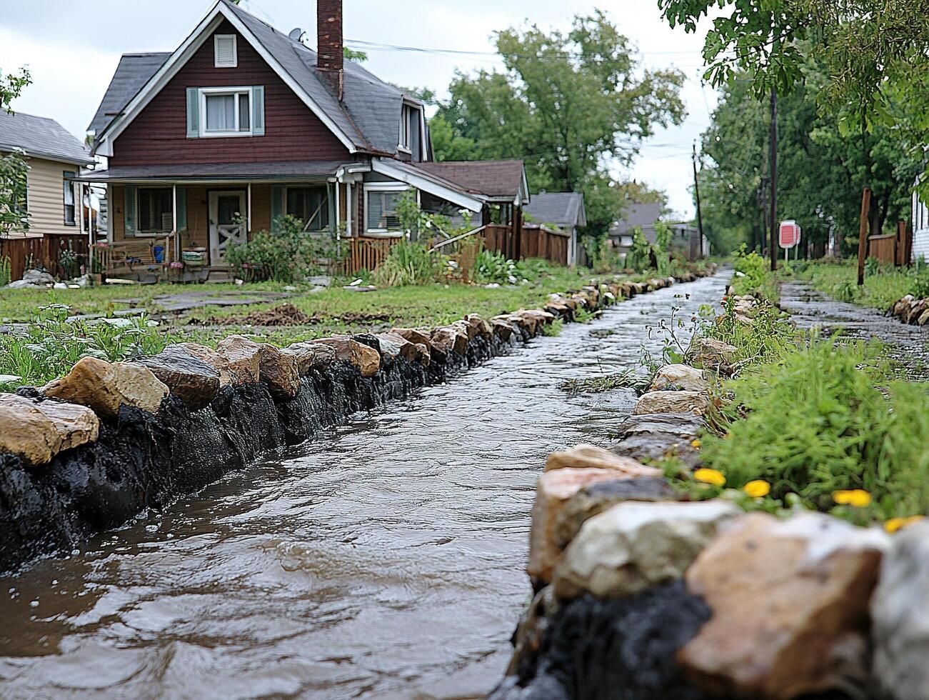 Rainwater runoff flows through neighborhood drainage ditch after storm photo