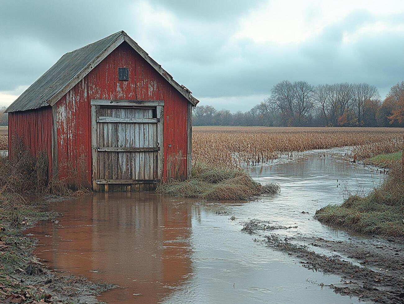 Red barn flooded by muddy water in autumn field photo