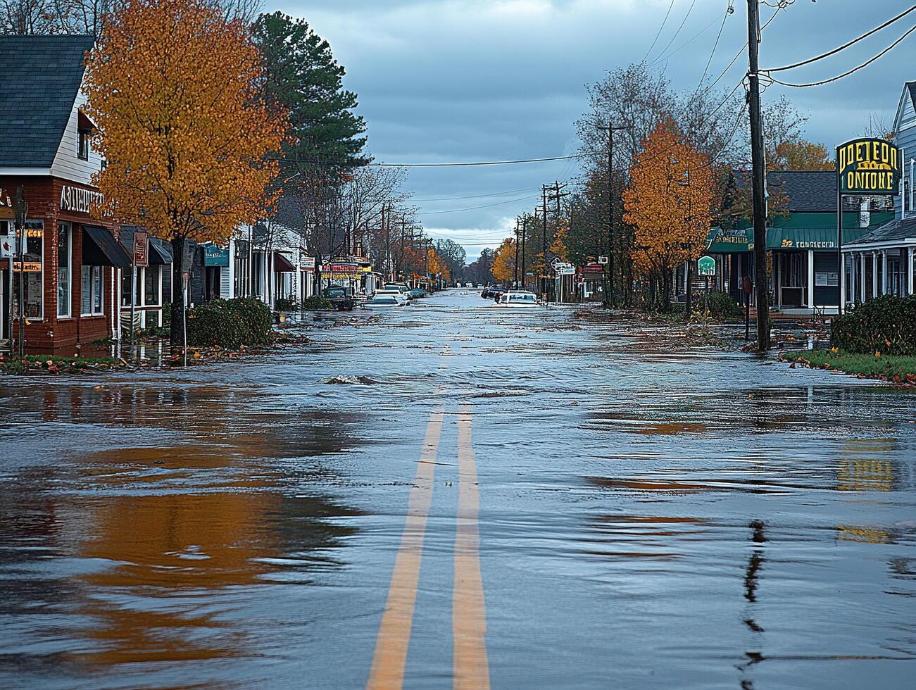 Flooded street with shops, autumn trees, and overcast sky photo