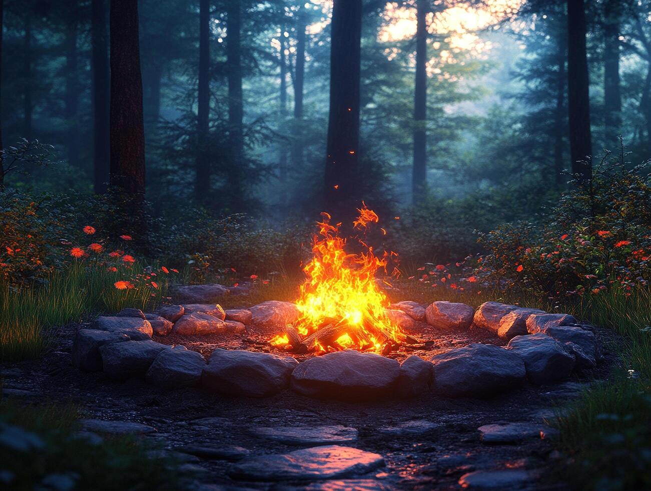 Campfire burning in a forest clearing, with trees, and fog as background. Use nature photo