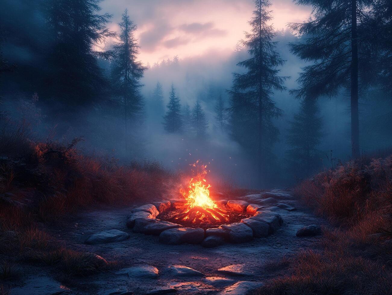 Campfire glows on a stony path in a misty forest at dusk, for tourism photo
