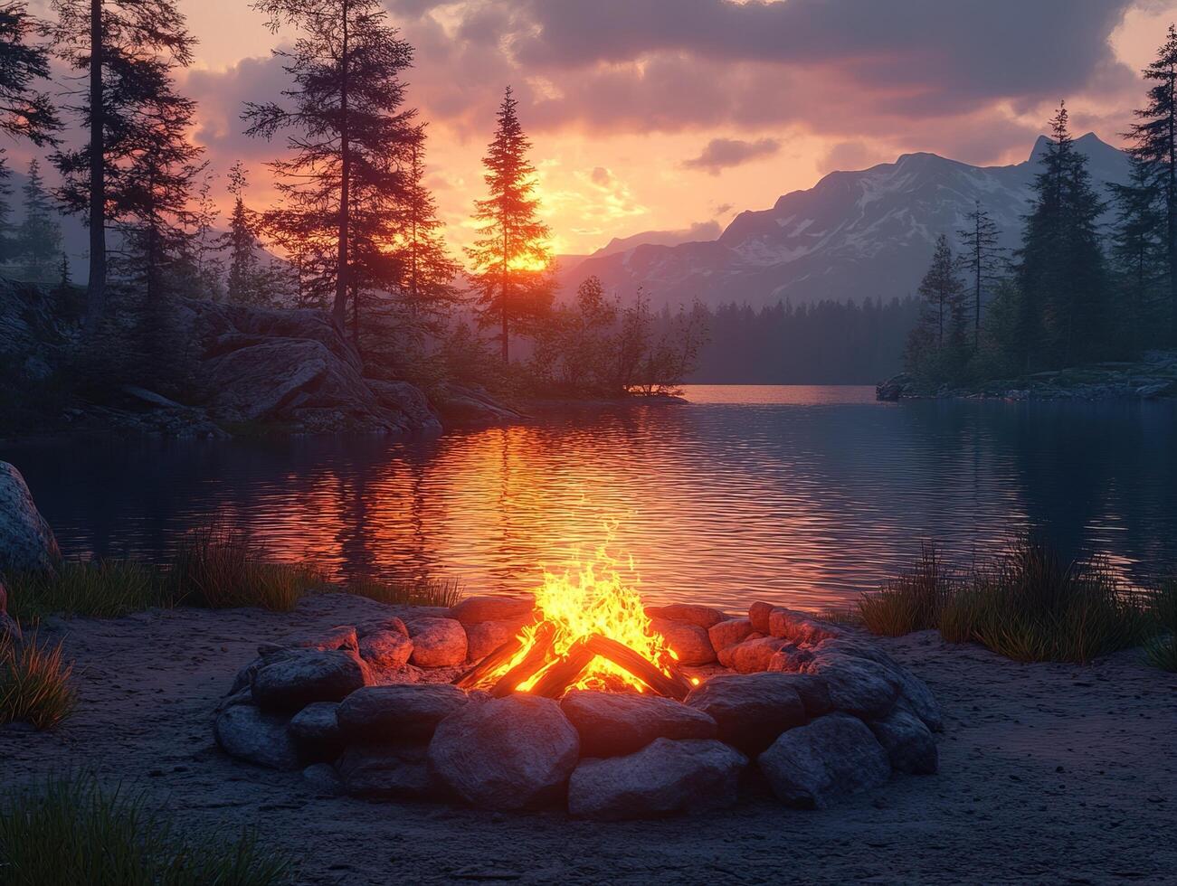 Campfire burns at lakeside with mountains at dusk, for relaxation and scenic content photo