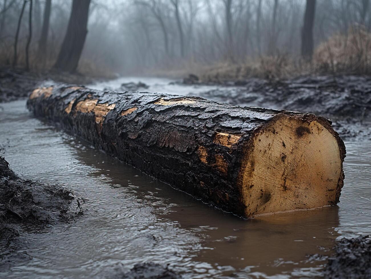 Fallen log in muddy water, misty wooded area. For forestry, nature, and environment photo
