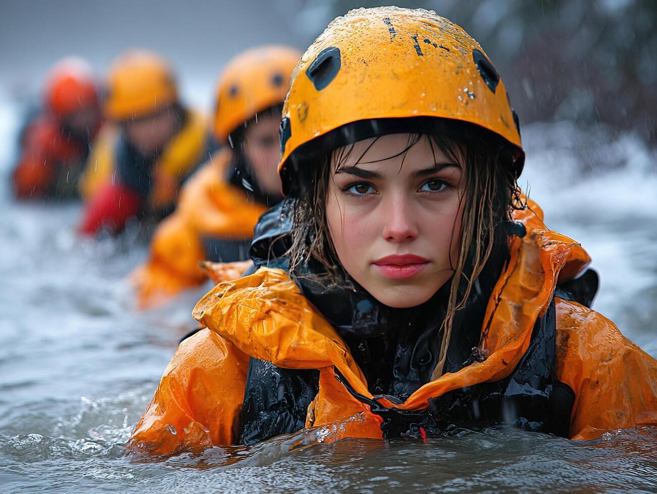 People in yellow gear wade water, trees blur behind. Use emergency training photo