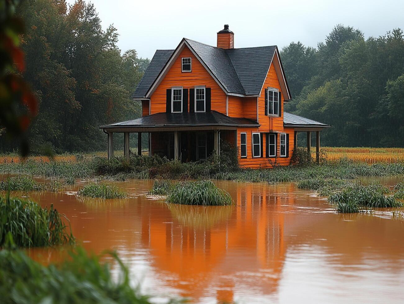 Flooded orange house reflected in murky water after rain in rural area, for disaster usage photo