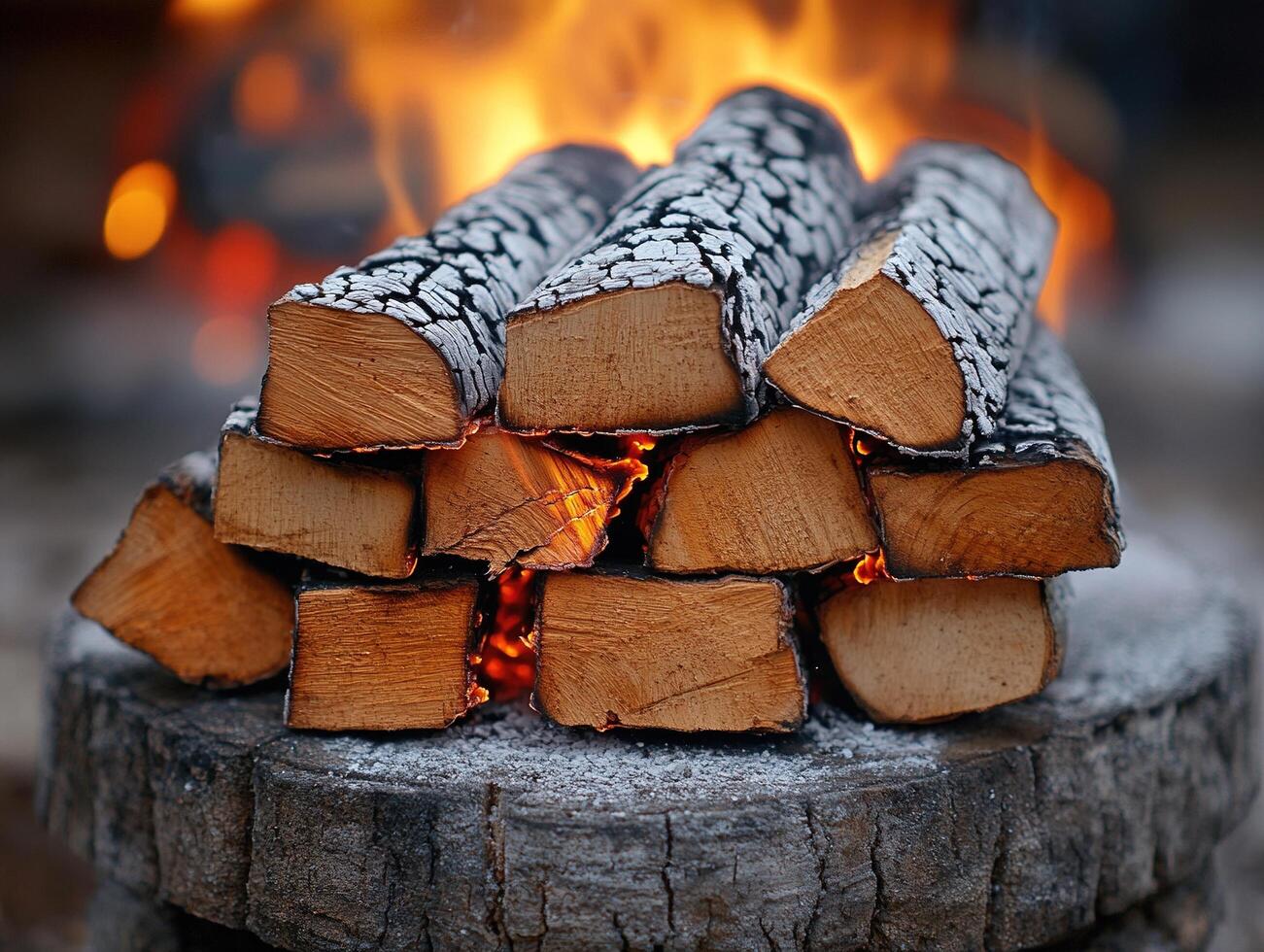 Stacked wood logs on a stump with flame in the background for heating and cooking photo