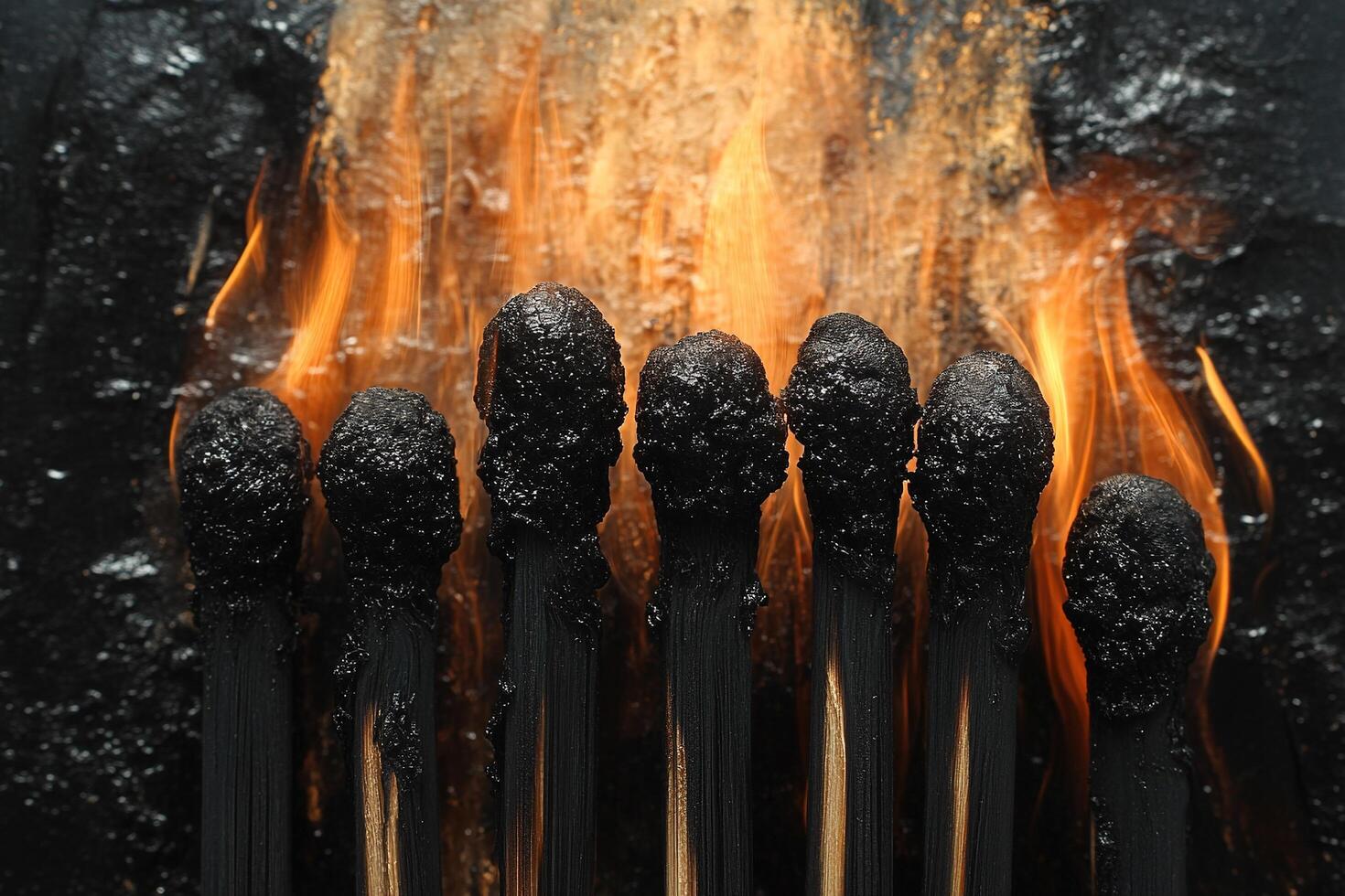 Burning matches lined up on dark surface. Flame background. Used for social content photo