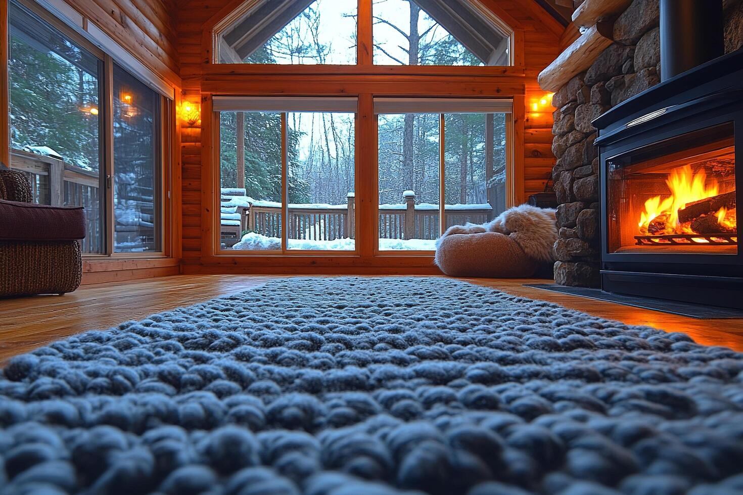 Cabin interior with fireplace, rug, wood. Snowy forest visible outside. Stock use photo