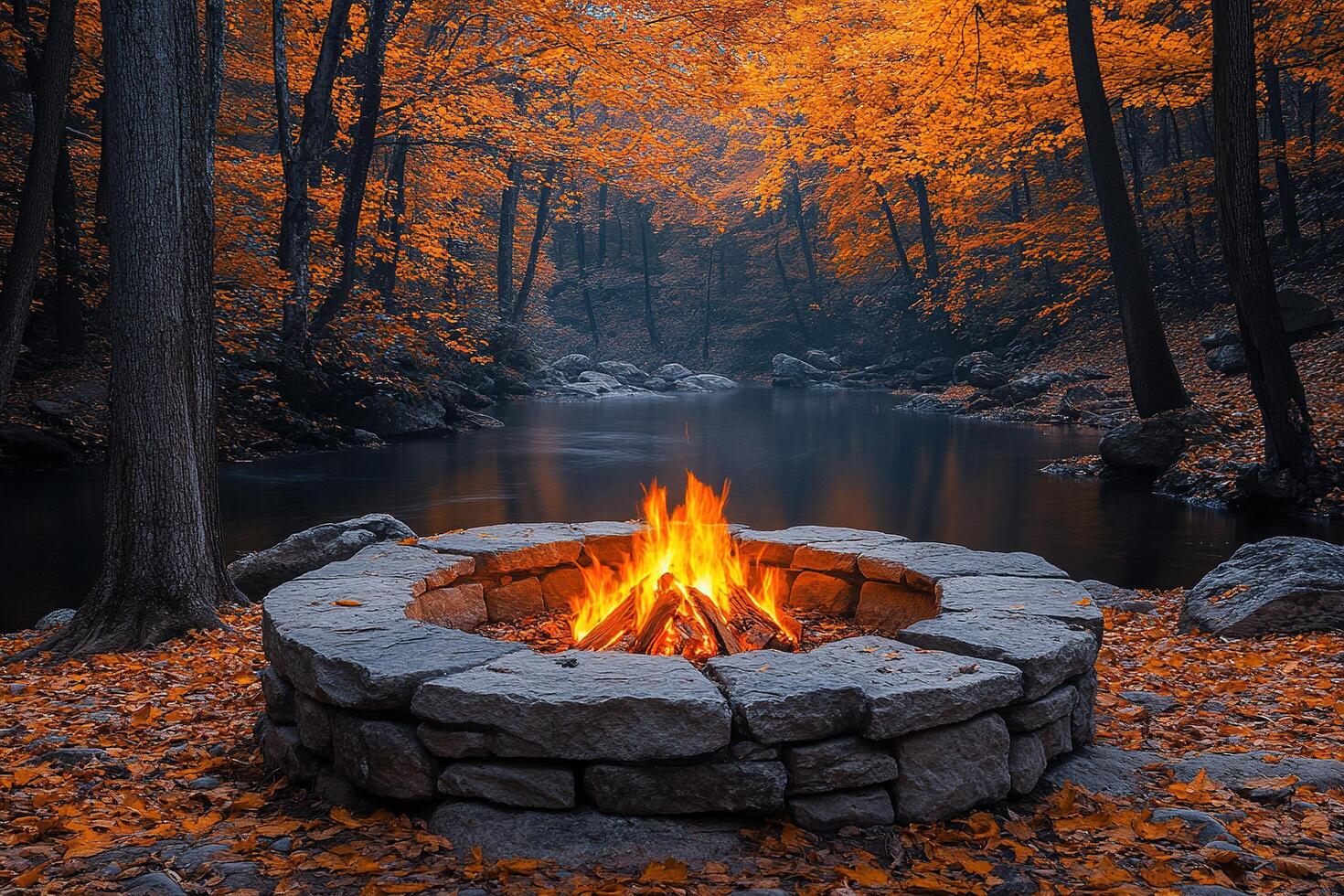 Campfire burning in stone pit by river surrounded by fall foliage, for camping or travel photo