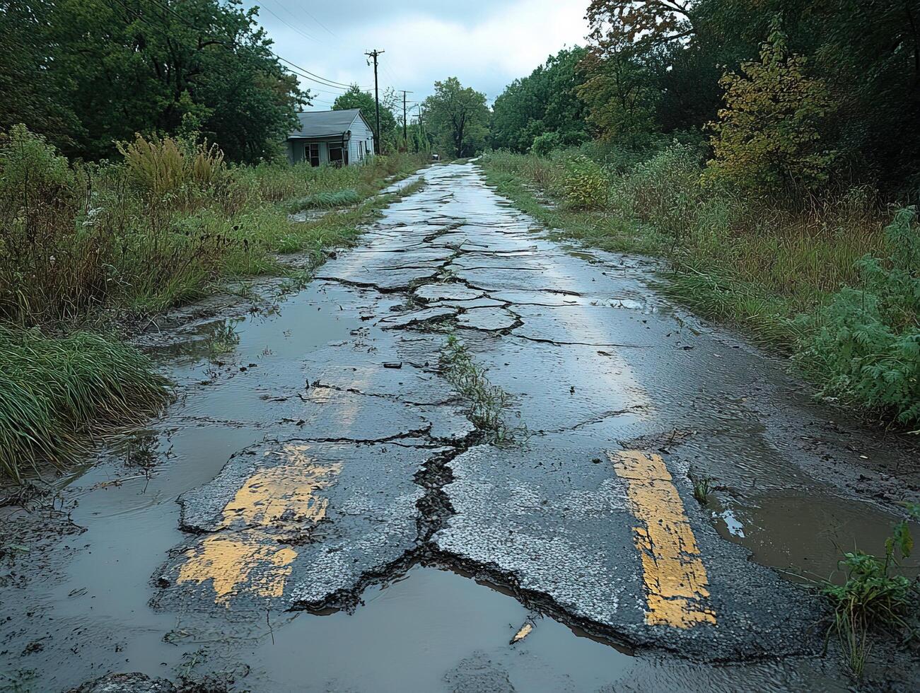 Cracked, wet road with yellow lines leading to a rundown building amidst trees photo