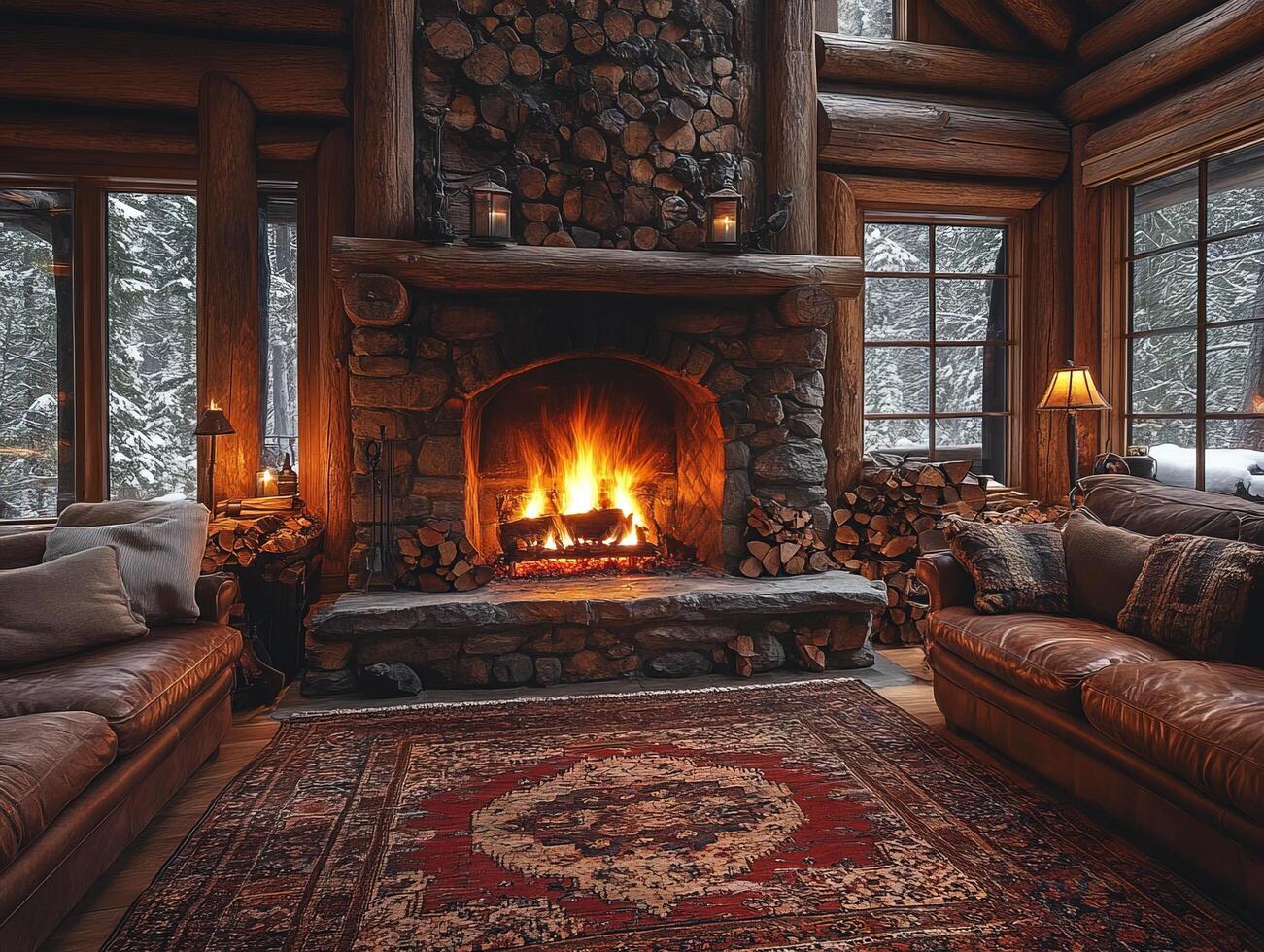 Fire burning in fireplace, stacked wood, couches in log cabin, snow outside photo
