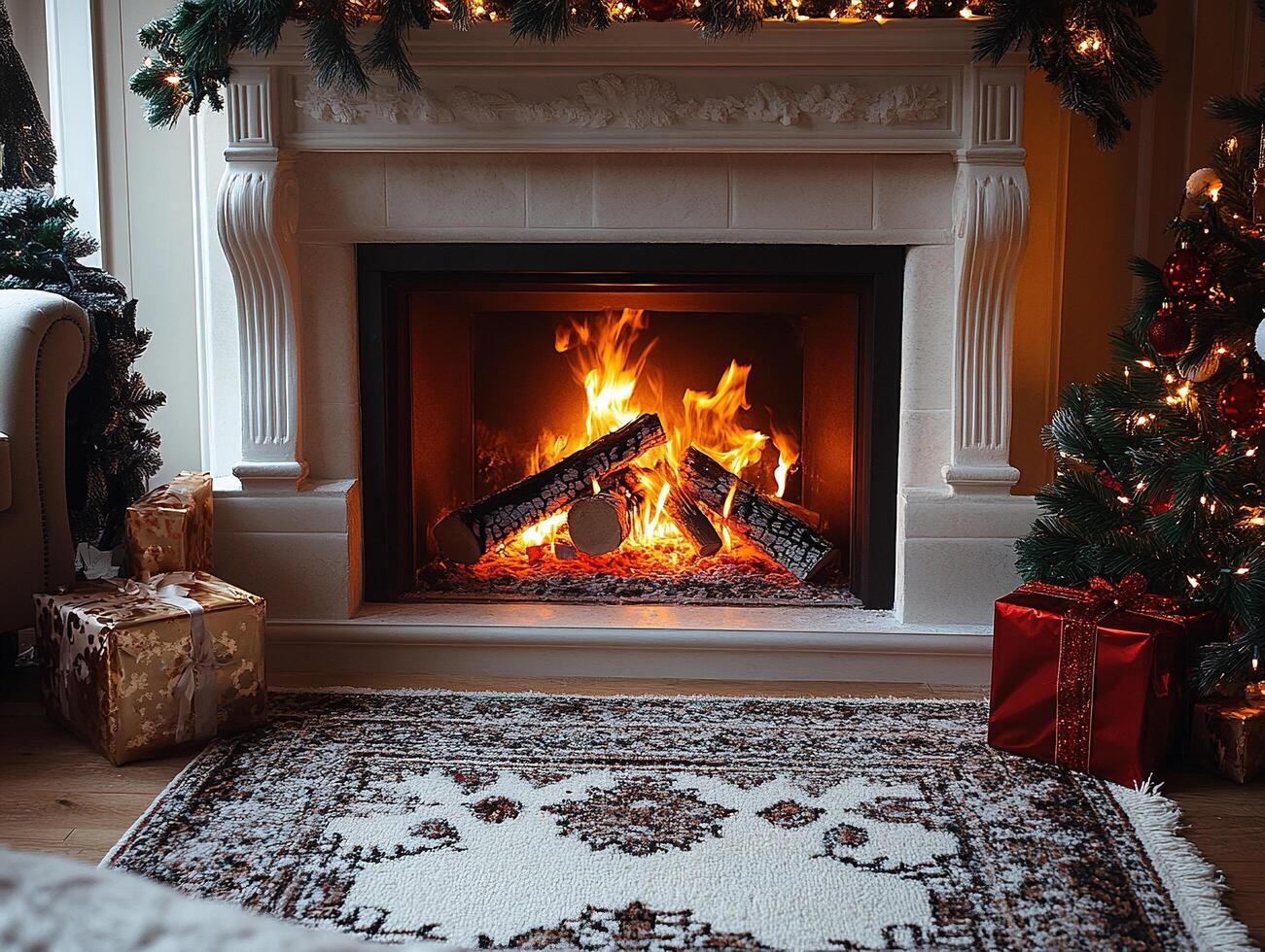 Fire burning in fireplace, gifts on floor, garland above, tree in corner. Possible use Home decor photo