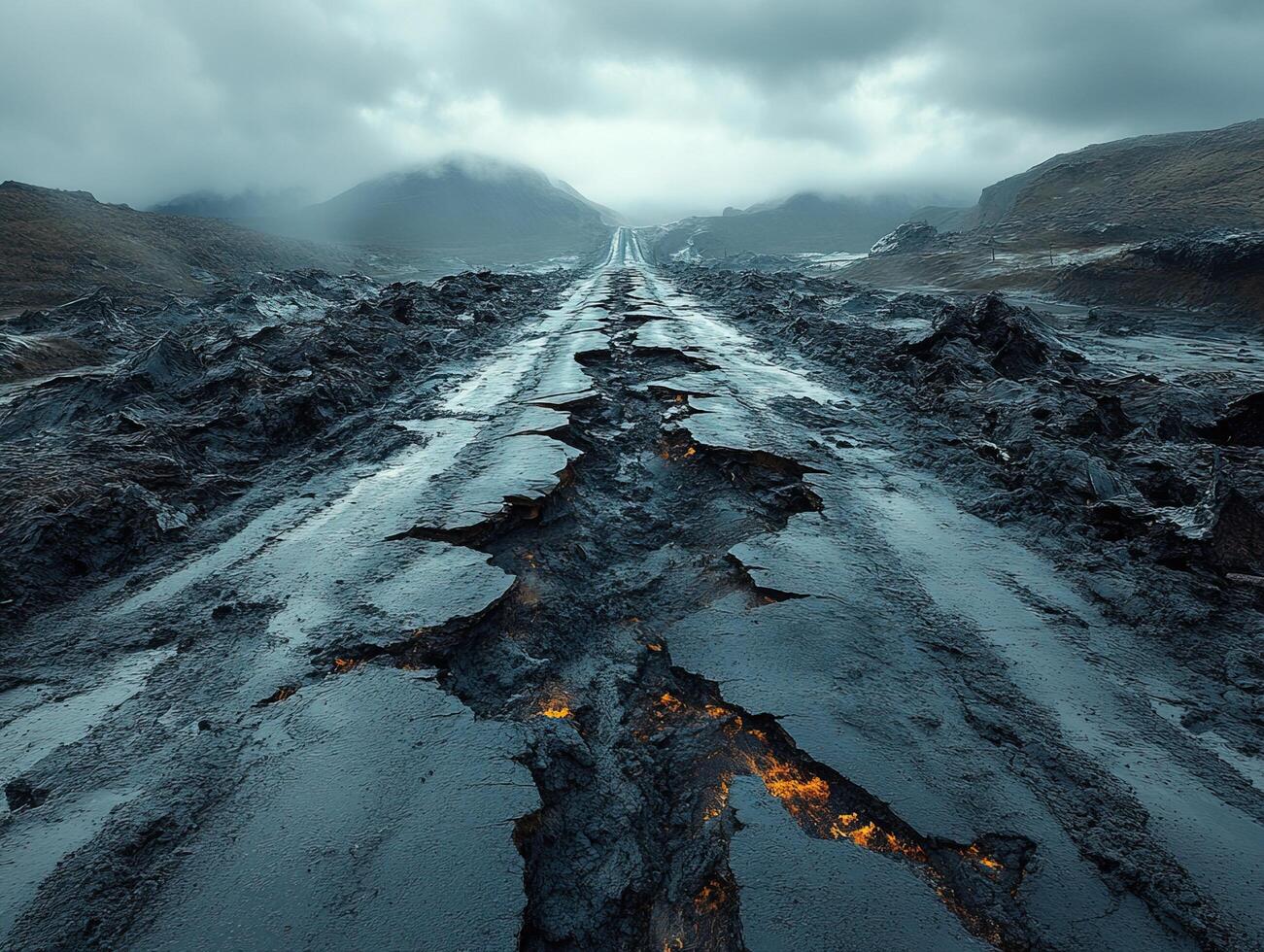 Cracked road with lava flows in the mountains under an overcast sky photo