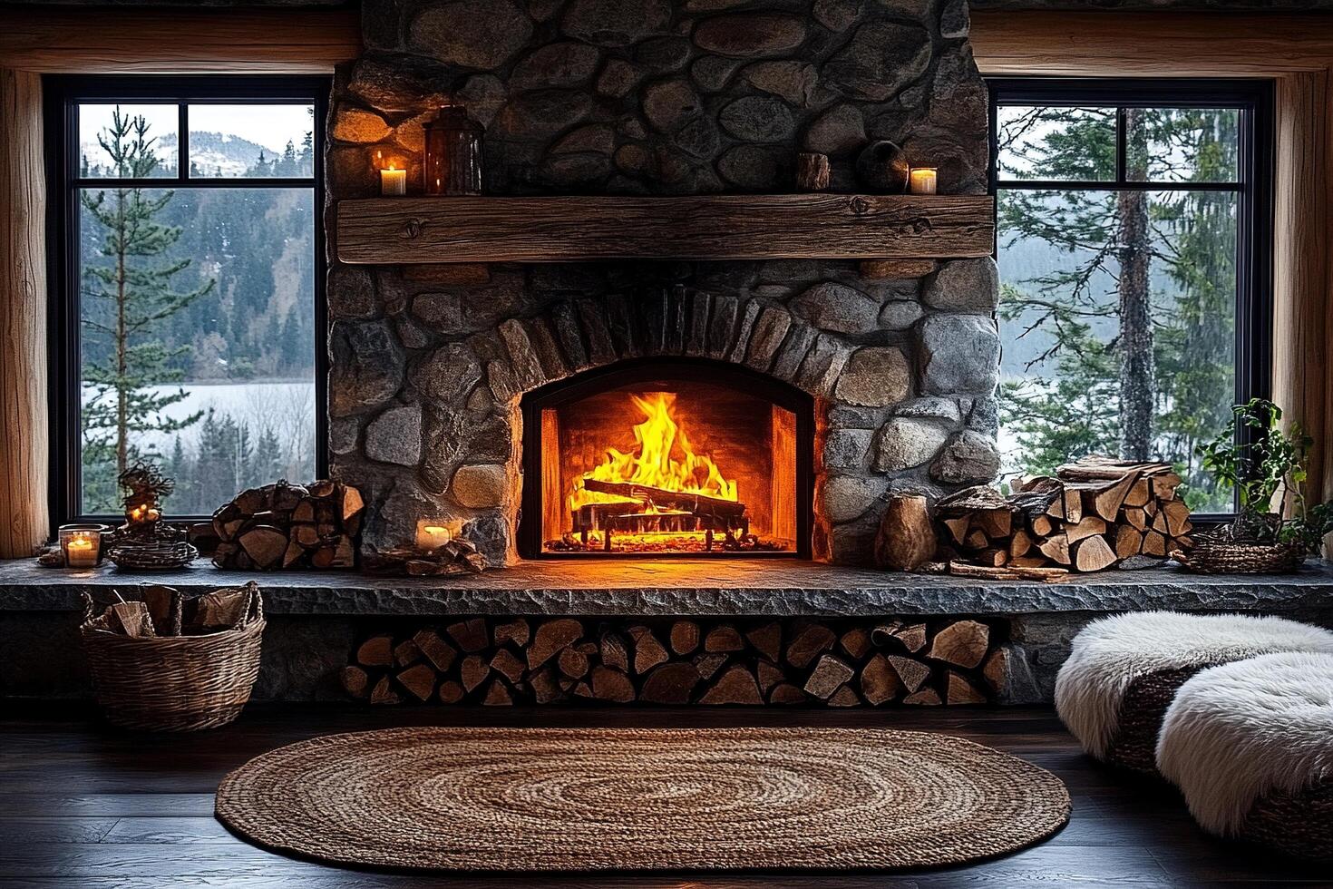 Fireplace burning in a cozy cabin room with wood stacks and nature views in background photo