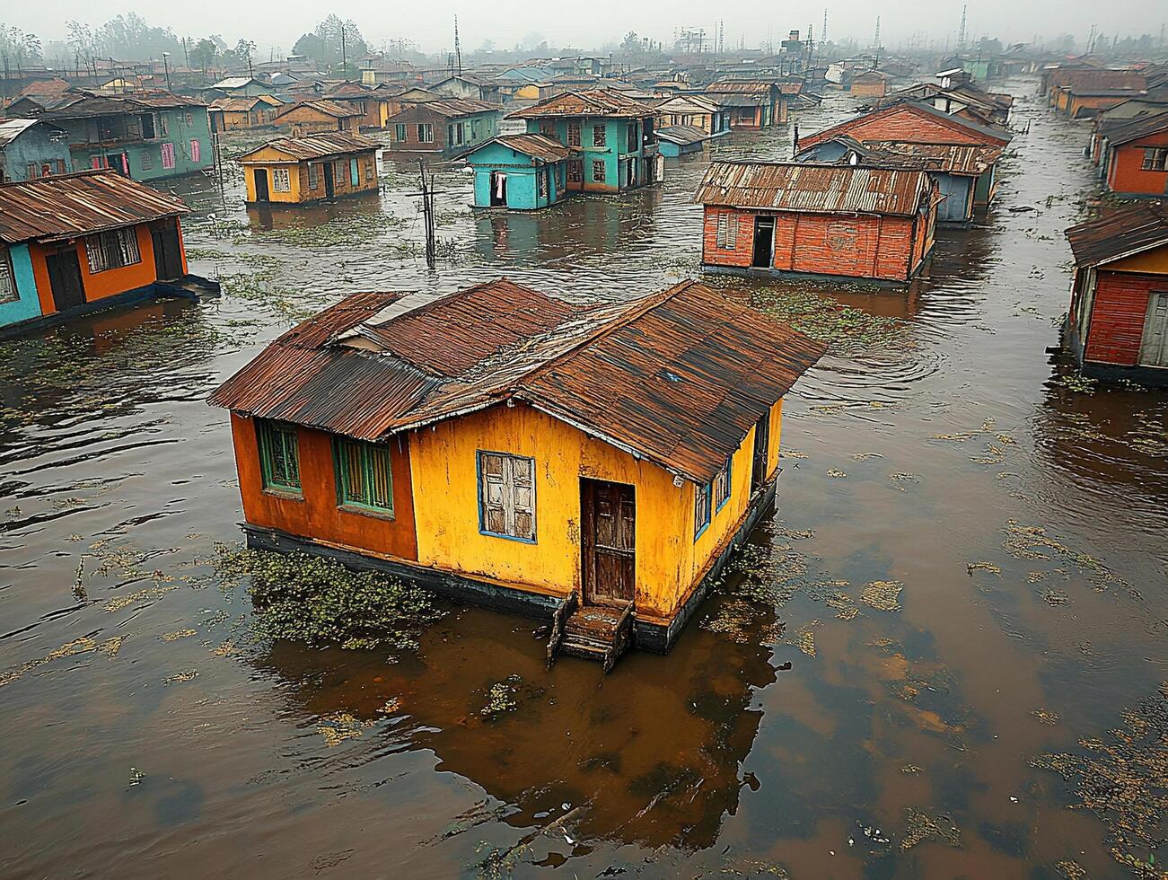 Floating dwellings in an inundated area, foggy sky in the background. Stock photo