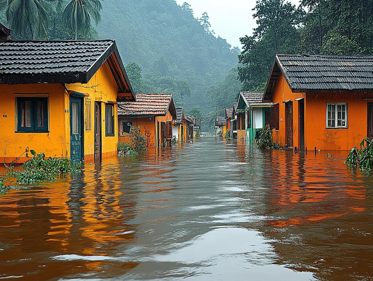 Flooded orange houses in a village, trees in the background. use news photo