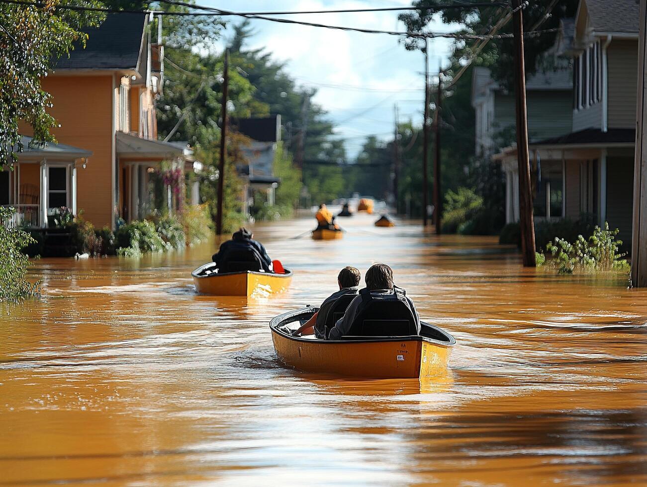 People in canoes navigating flooded street, buildings behind. Useful for disaster aid photo