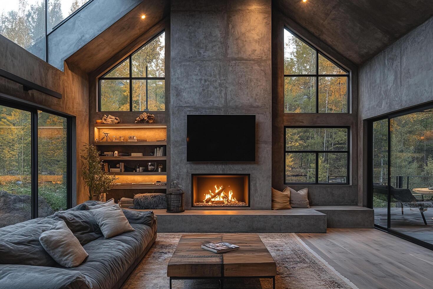Interior with fireplace, sofa, and windows looking to forest, used for home design photo