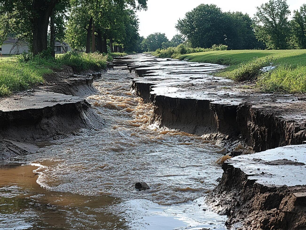 Flooded road in a rural area, eroded edges with trees and building in back, for disaster use photo