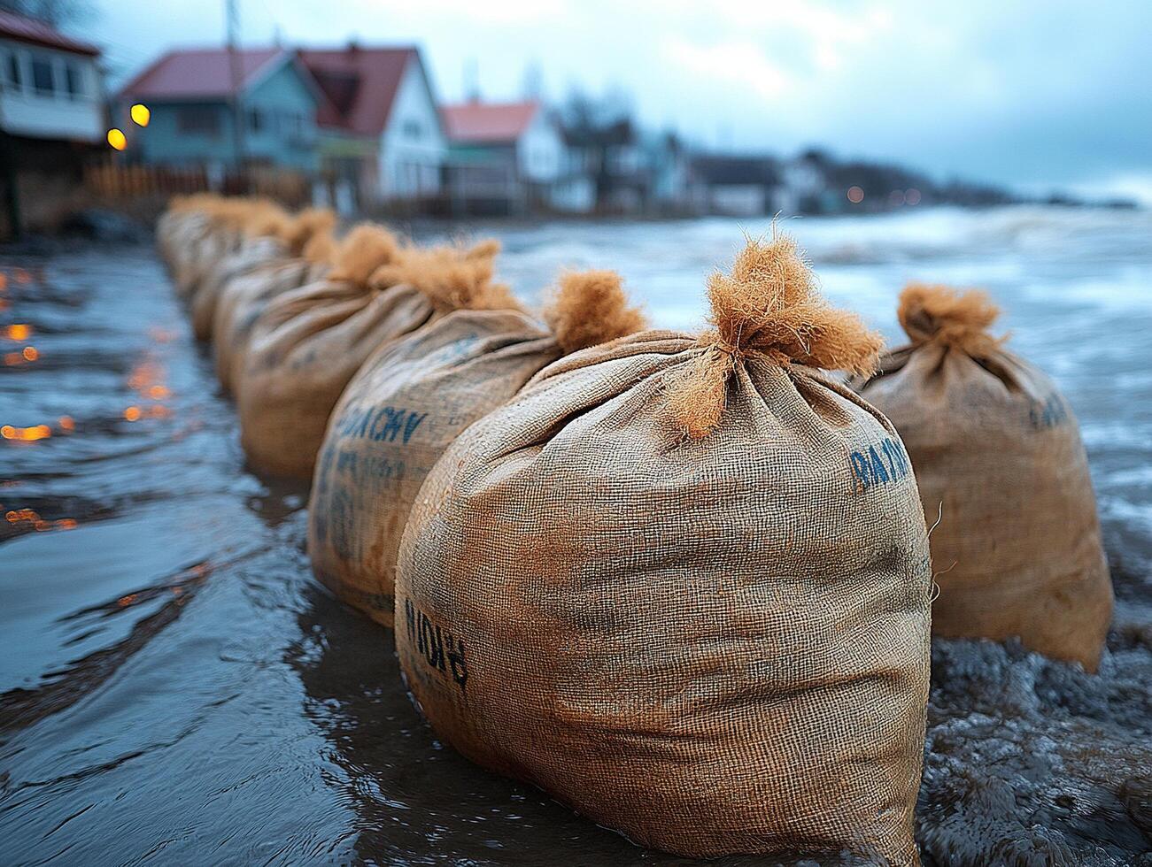 Sandbags line the shore, defending houses against waves. Use disaster, natural event photo