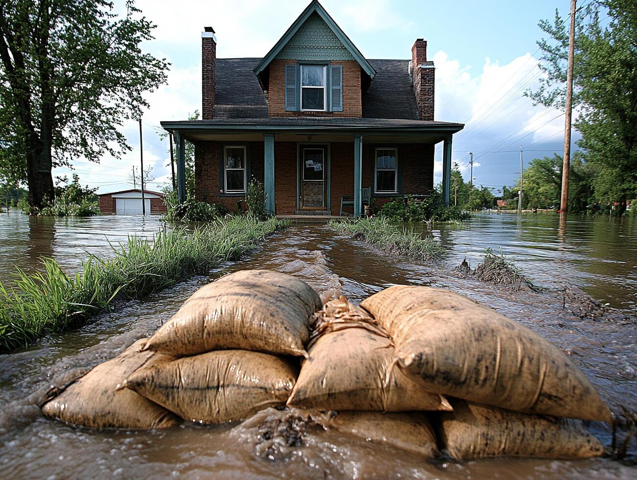 Sandbags protecting house during flood with flooded yard and trees in background photo