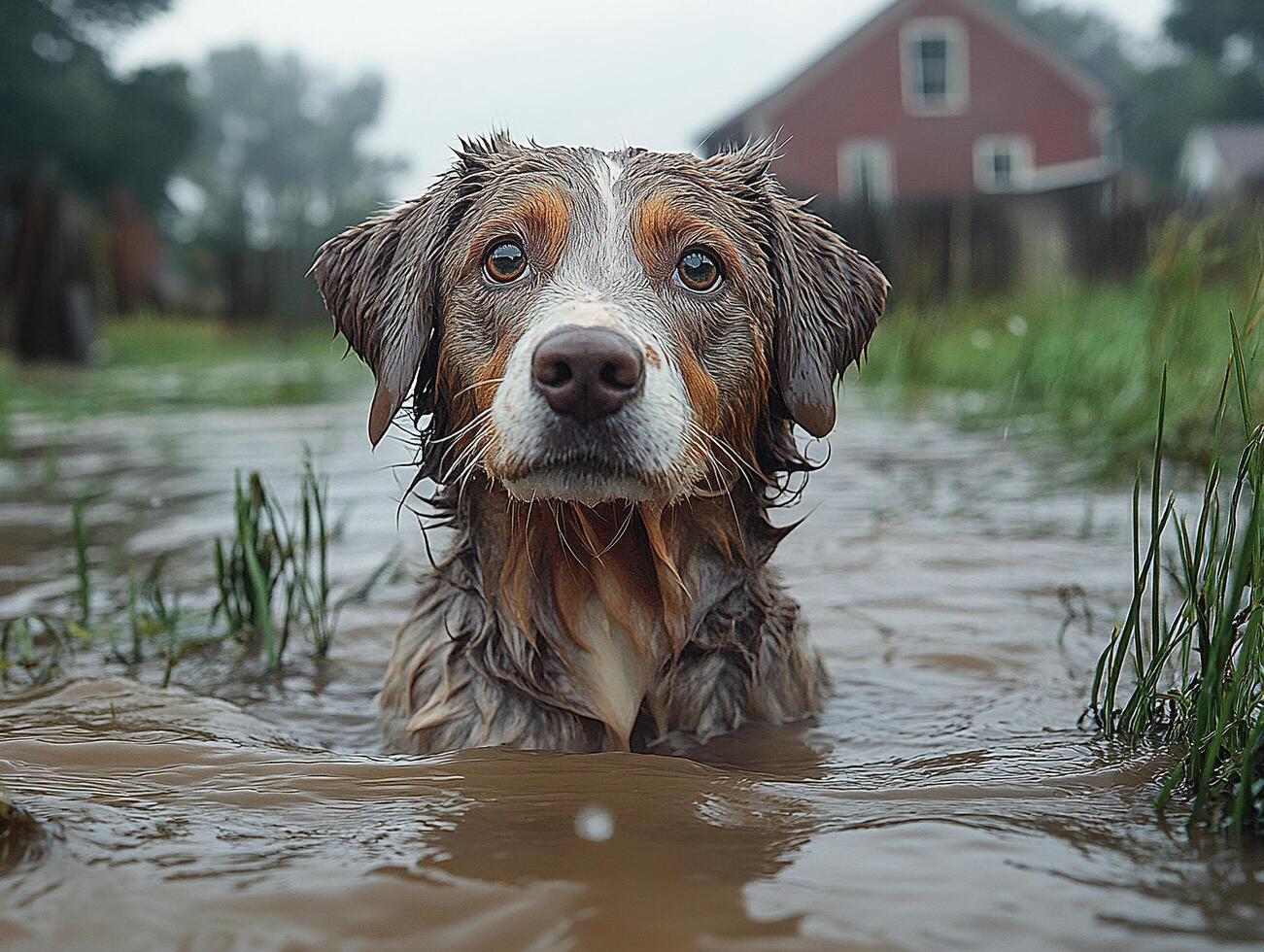 Wet dog in flooded area. House visible in background. Photo for use in weather reports