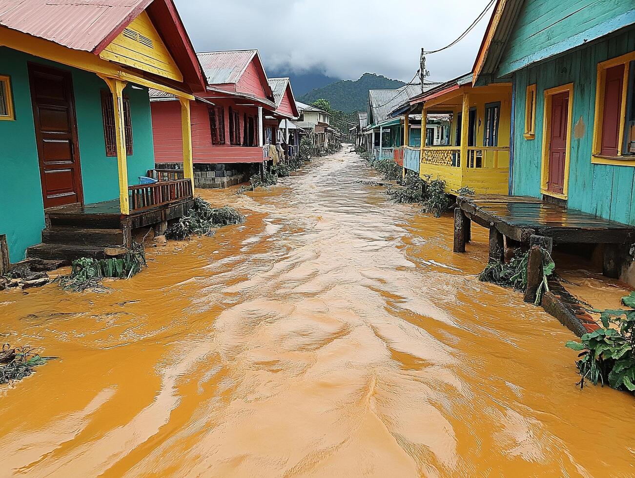 Street flooded in front of colorful houses in a town after heavy rain photo