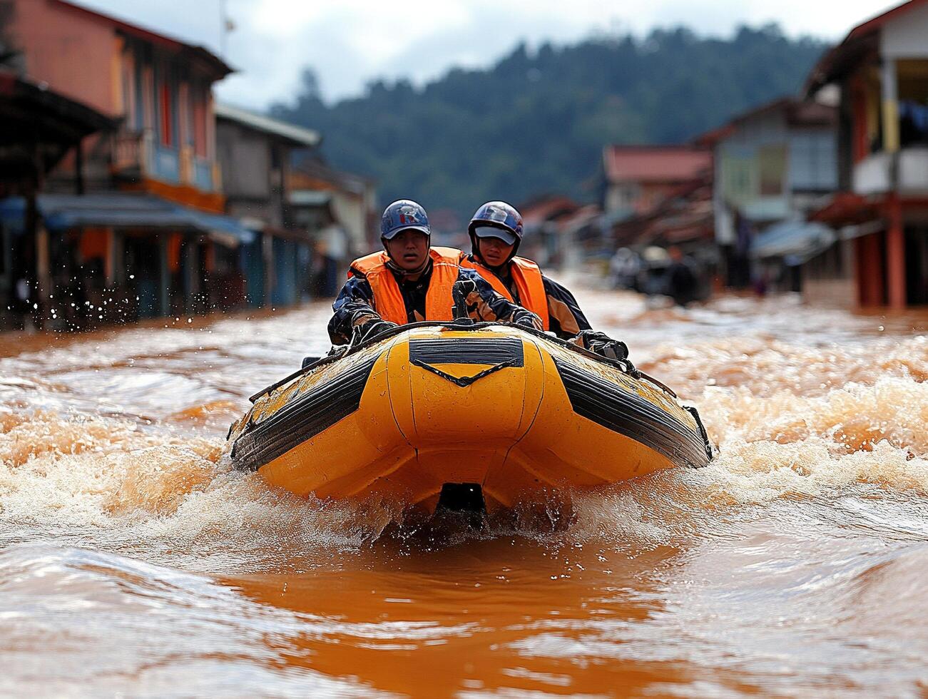 Two people in boat rescue on flooded street, buildings in the background, stock photo use