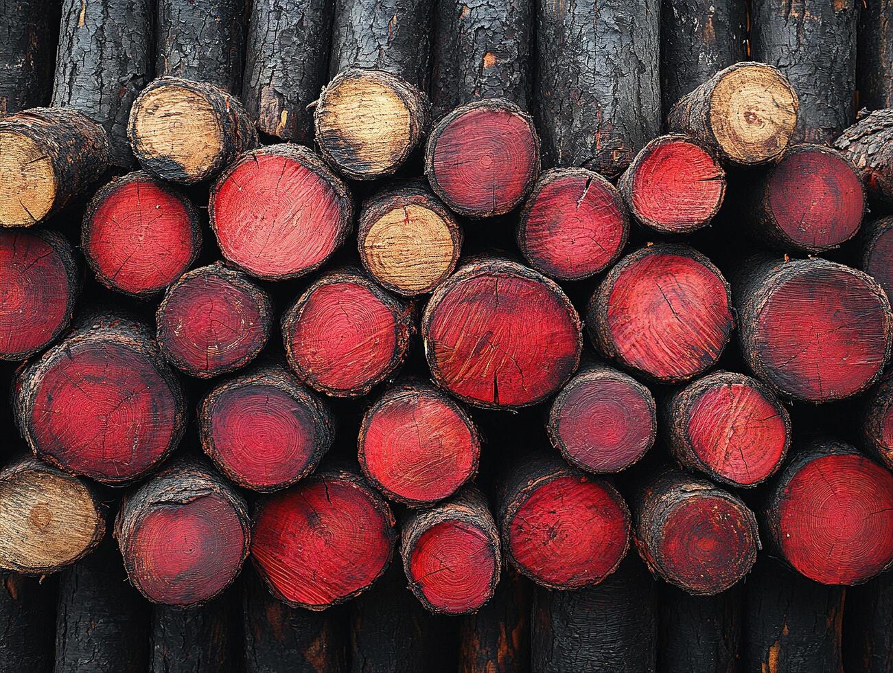 Stacked logs, some with red ends, forest, for industrial or art background photo