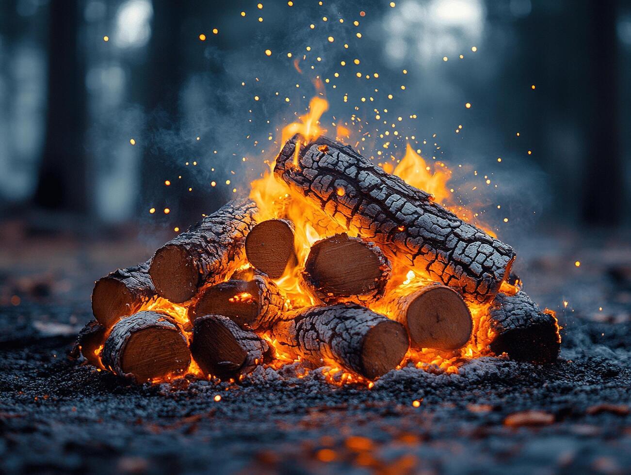 Burning logs in a pile, glowing embers with bokeh trees, use outdoor concept photo