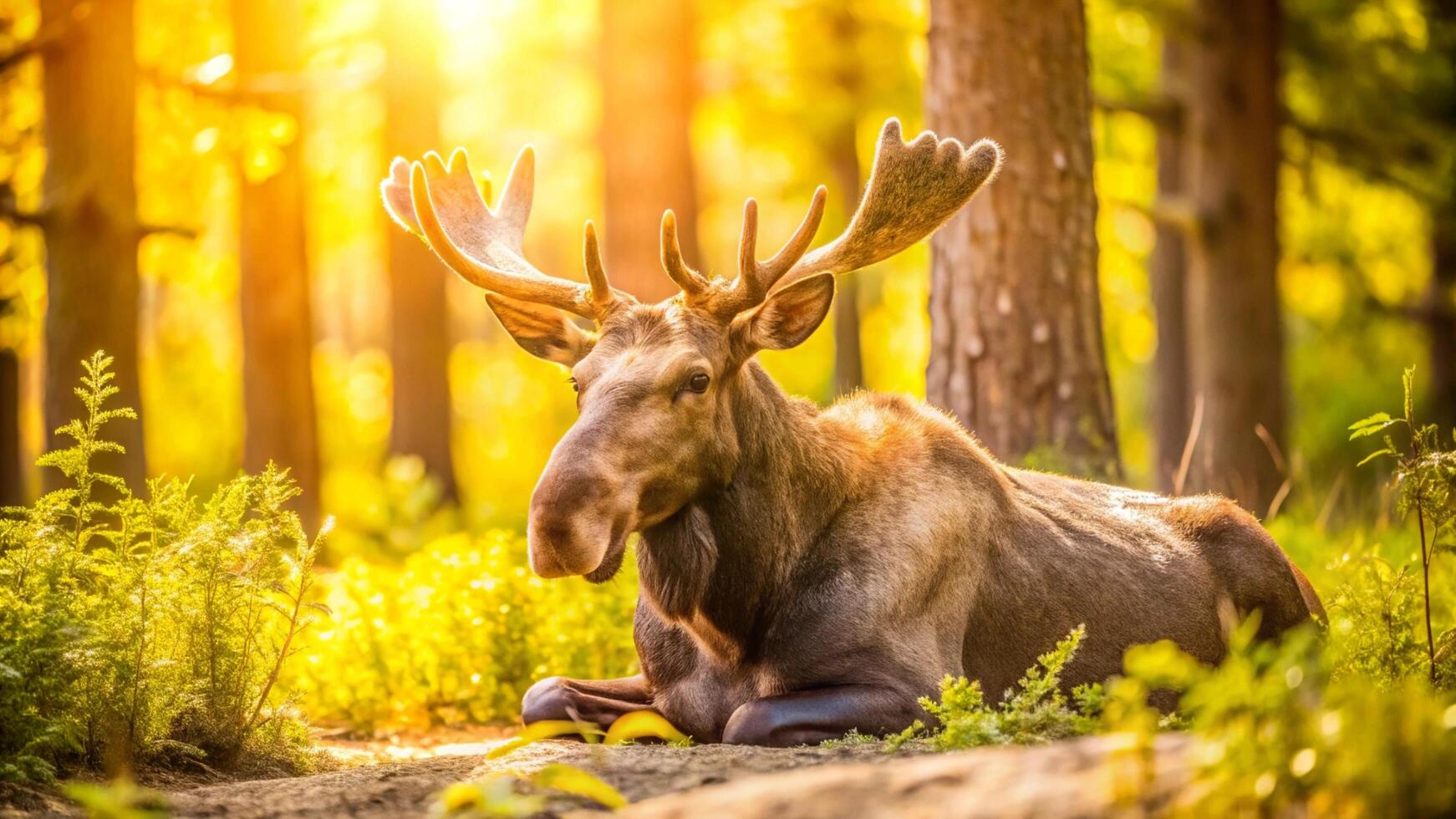 A moose is resting in the woods at sunset photo