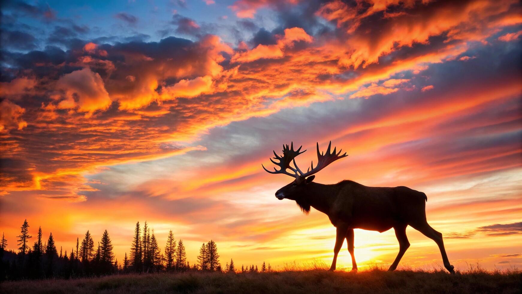 A moose stands in front of a sunset photo