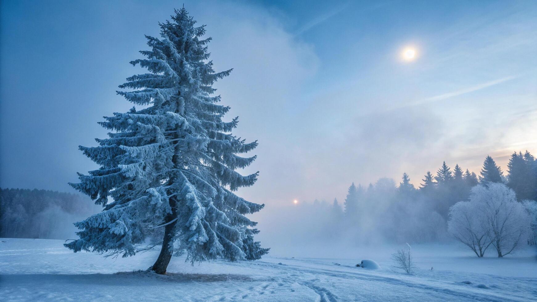 A lone tree in the snow with fog and sun photo