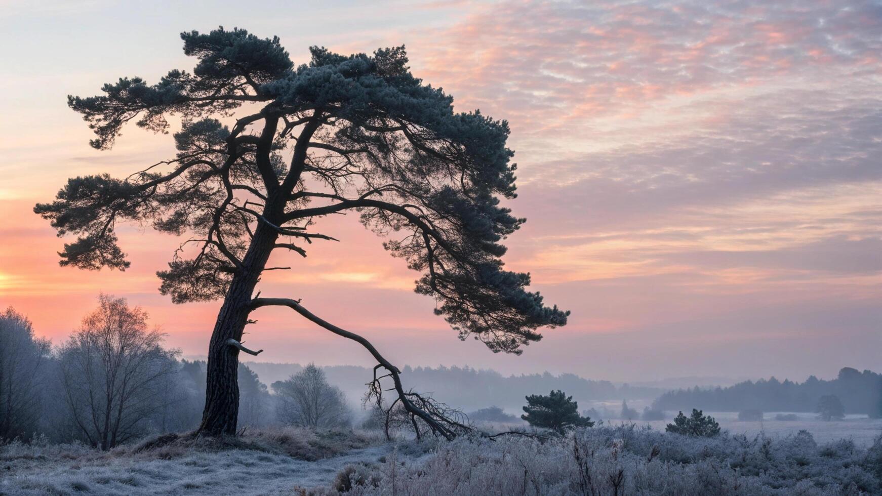 A lone tree in the middle of a frosty field photo
