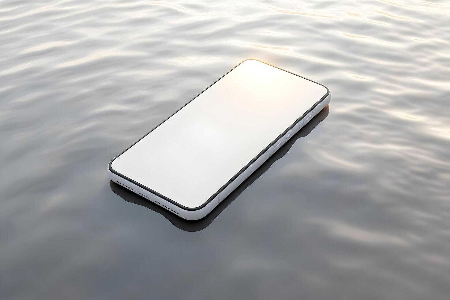 White smartphone floats on calm water surface. photo