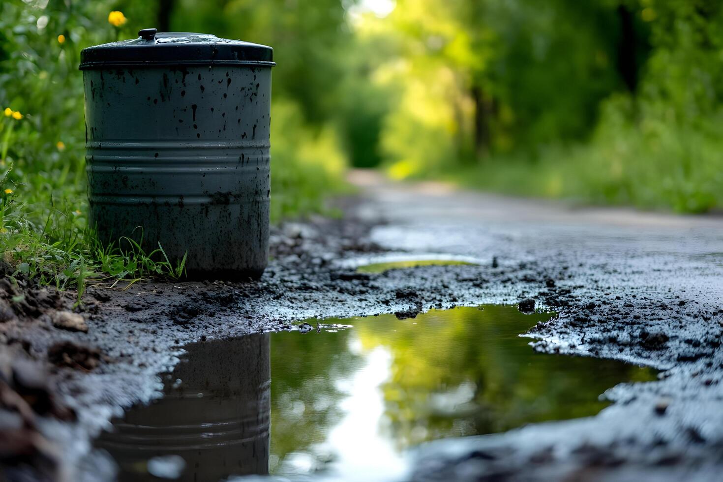 Dirty metal trash can by muddy puddle on path. photo