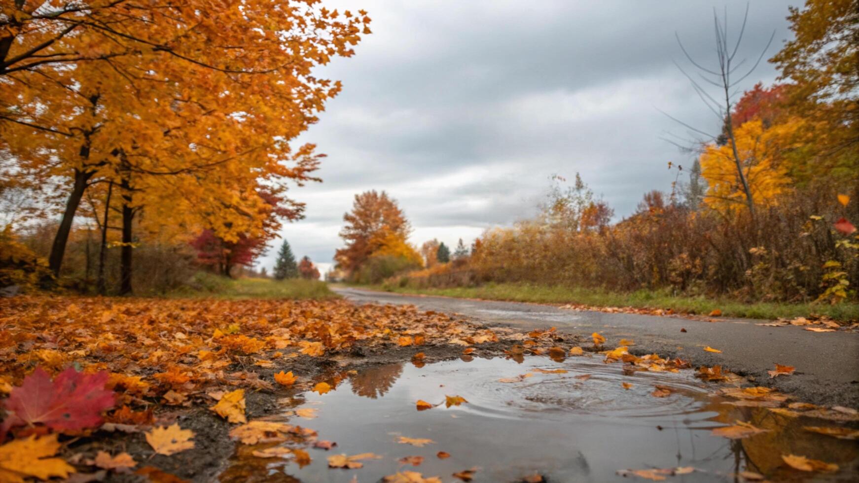 Autumn leaves on the ground and a puddle in the middle photo