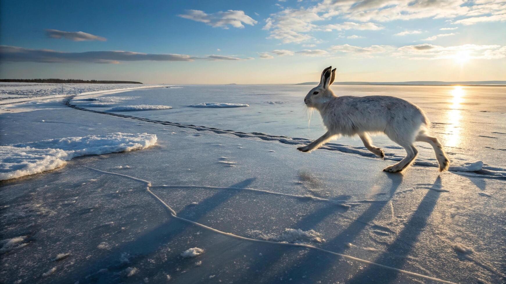 A hare running across an ice covered lake photo