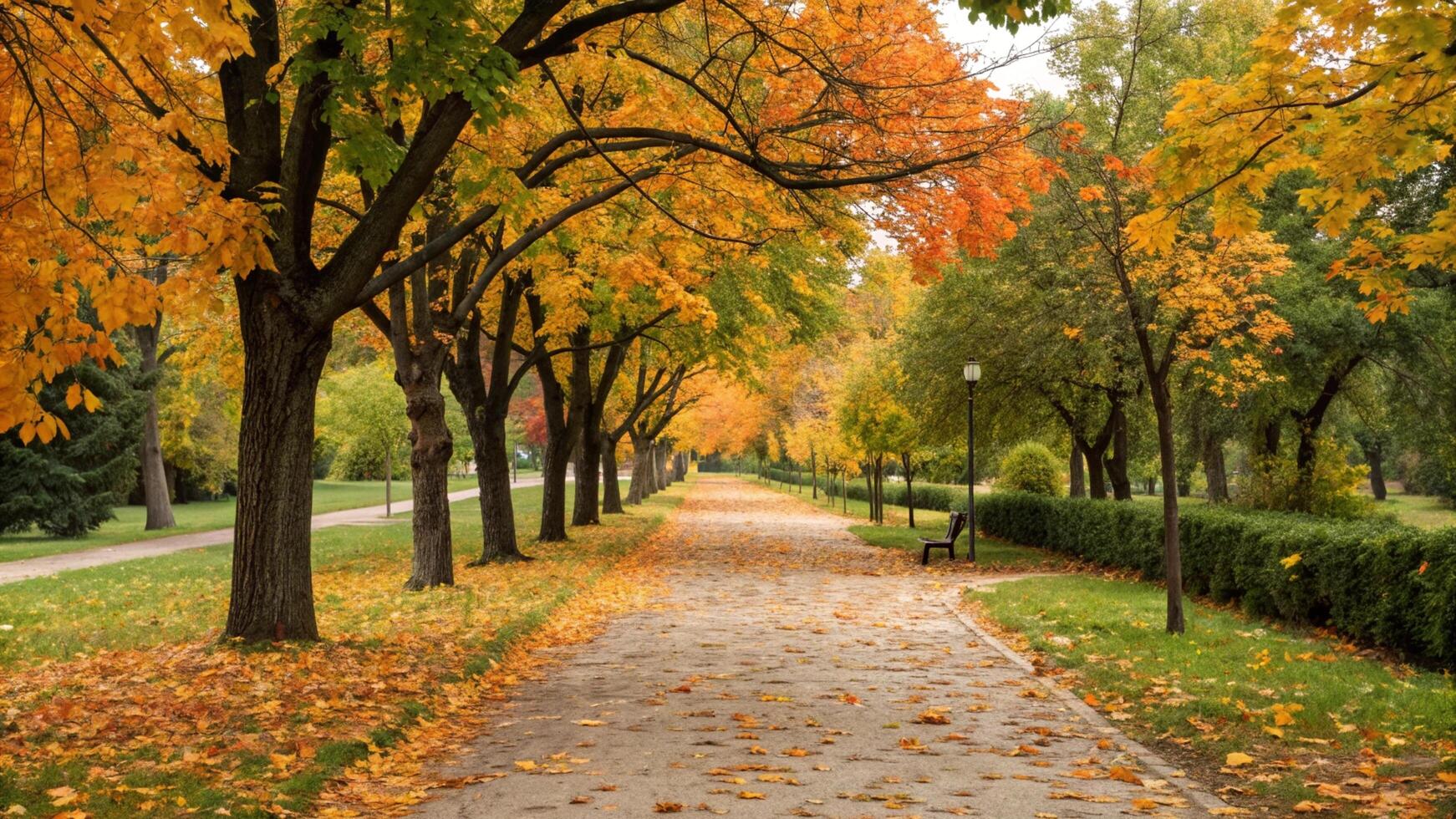 Autumn park with trees and leaves in the autumn season photo