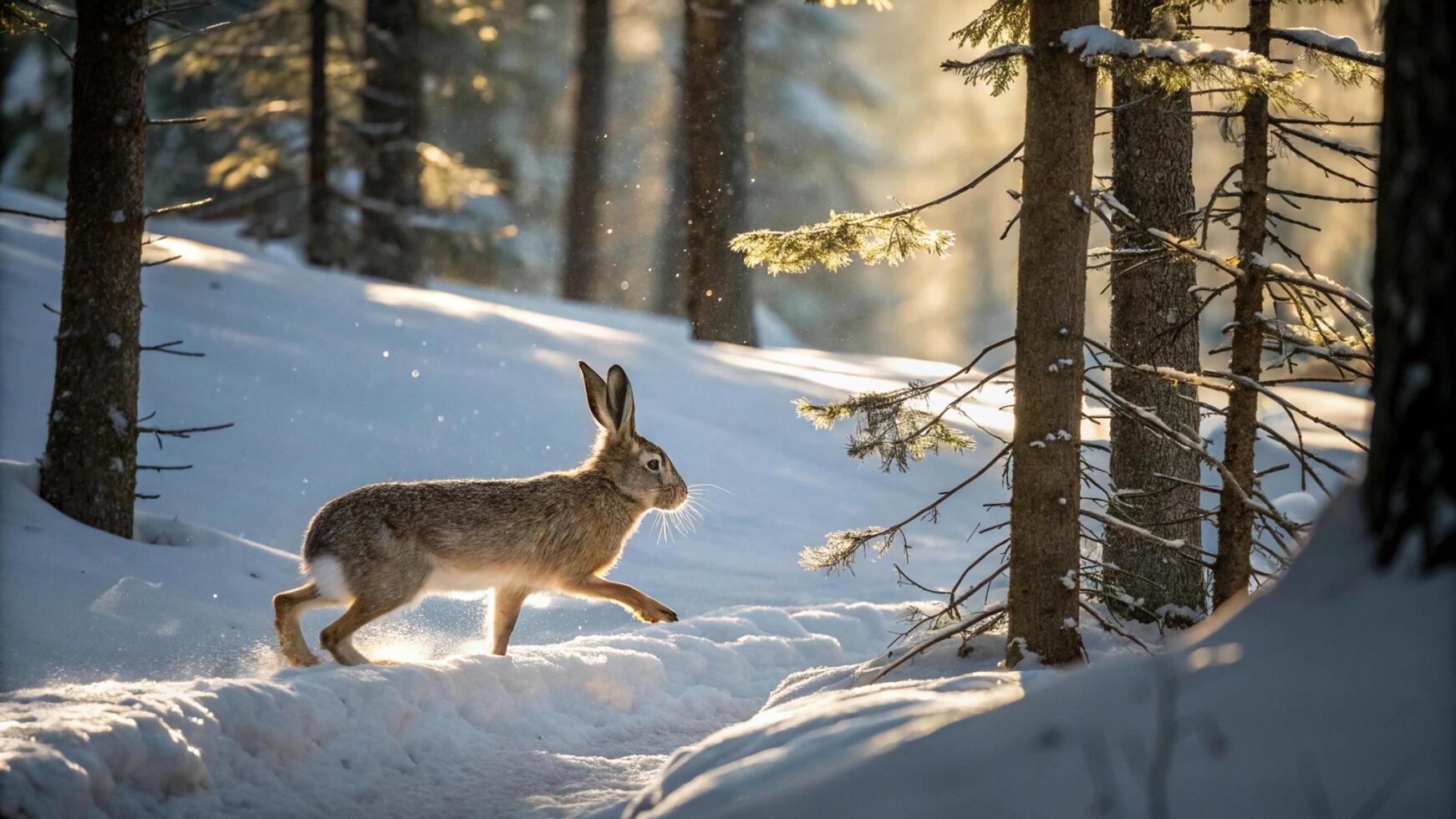 A hare running through the snow in the forest photo