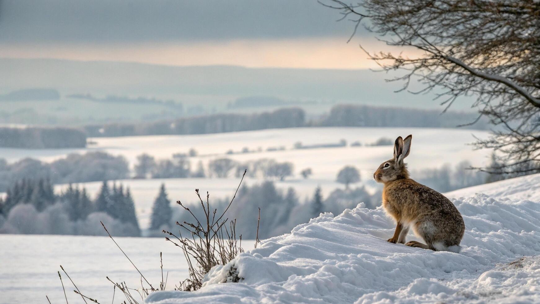 A rabbit sitting on the snow covered hill photo