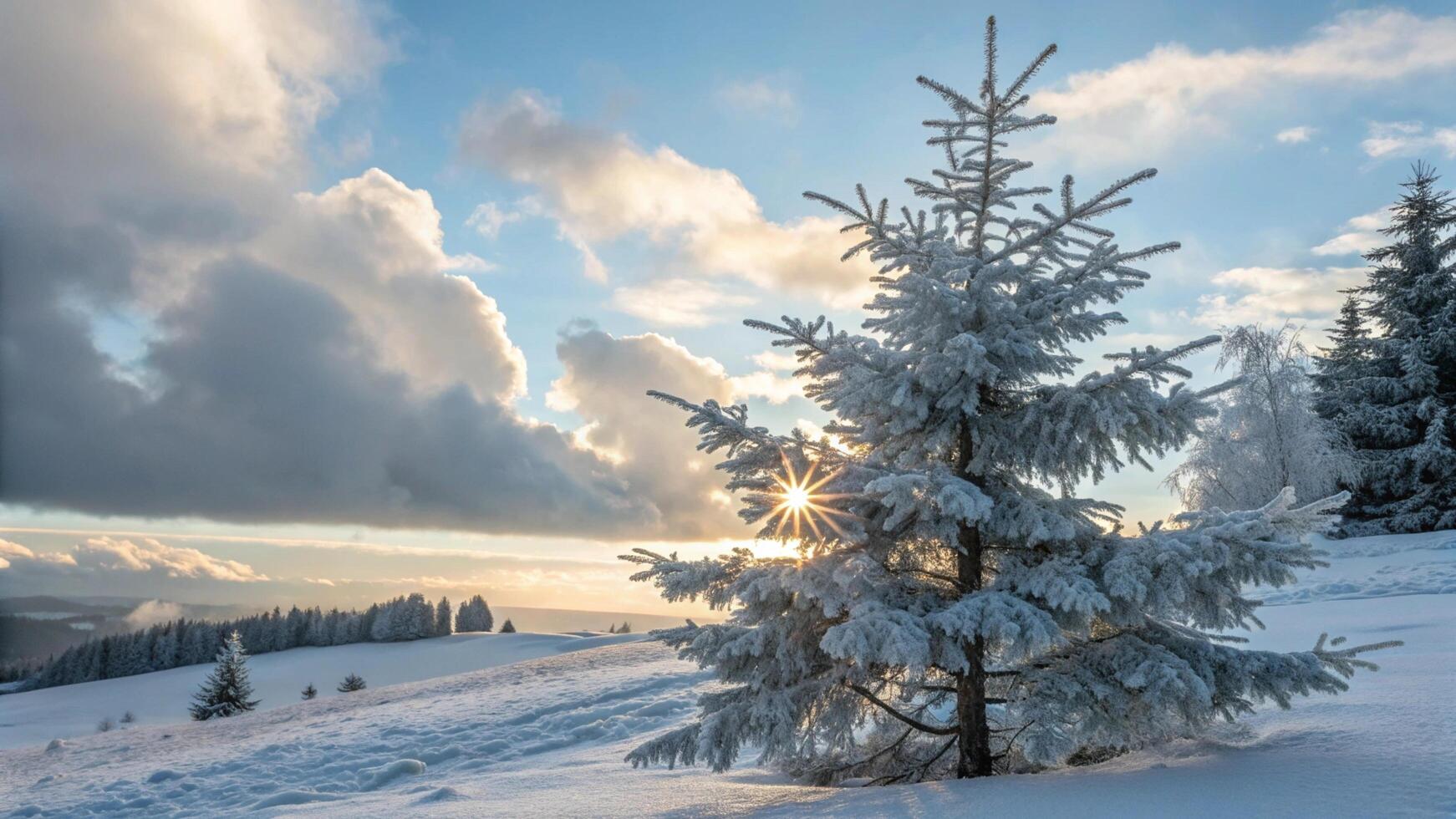 A single tree in the snow with the sun shining photo